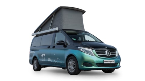 mercedes marco polo as roadsurfer campervan travel home in metallic with pop up roof from the sideview