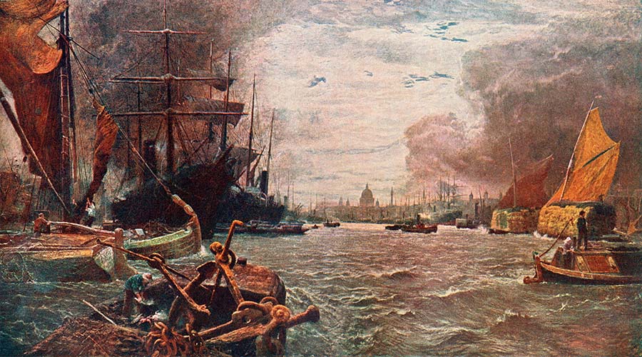 The Pool of London, River Thames, London, England in the 19th century. After the painting by Vicat Cole. From The Century Edition of Cassell's History of England, published c. 1900