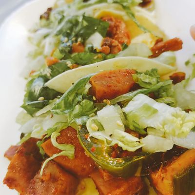 Photo of River Park Farmers Market - Fresno, CA, US. Spicy Spam tacos, spicy pork tacos and bulgogi(beef) tacos. Pretty tasty, very small.