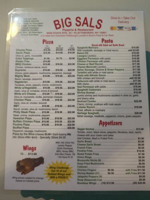 Photo of Big Sal's Pizzeria & Restaurant - Plattsburgh, NY, US. Menu (Front)