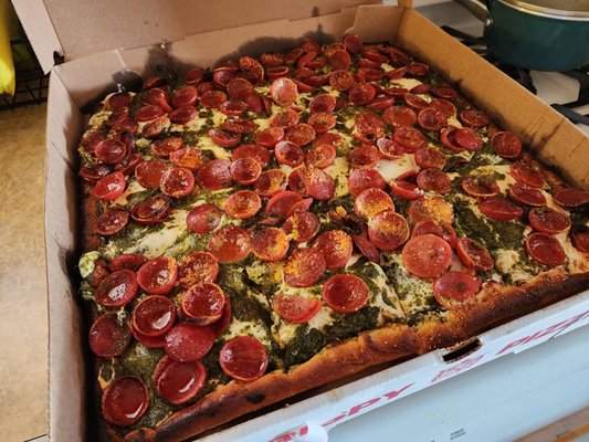 Photo of Krispy Pizza  - Brooklyn, NY, US. Pesto Roni pie, with extra pesto and exXtra pepperoni...to die for