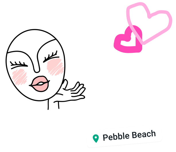 whatsapp feature showing users status using happy face and heart sticker with location tagged as pebble beach