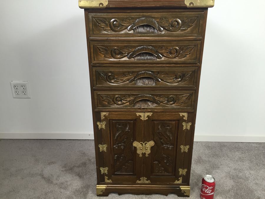 Vintage Korean Silverware Chest Cabinet With Lock And Key