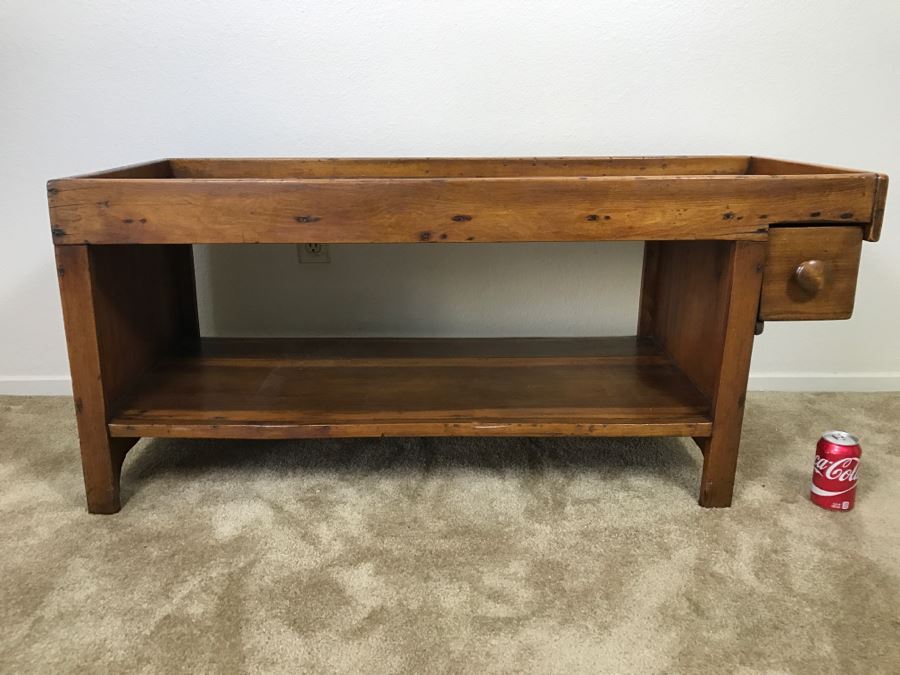 Antique Long Bench Coffee Table With Lower Shelf And Long Drawer 49'W X 19'D X 22'H