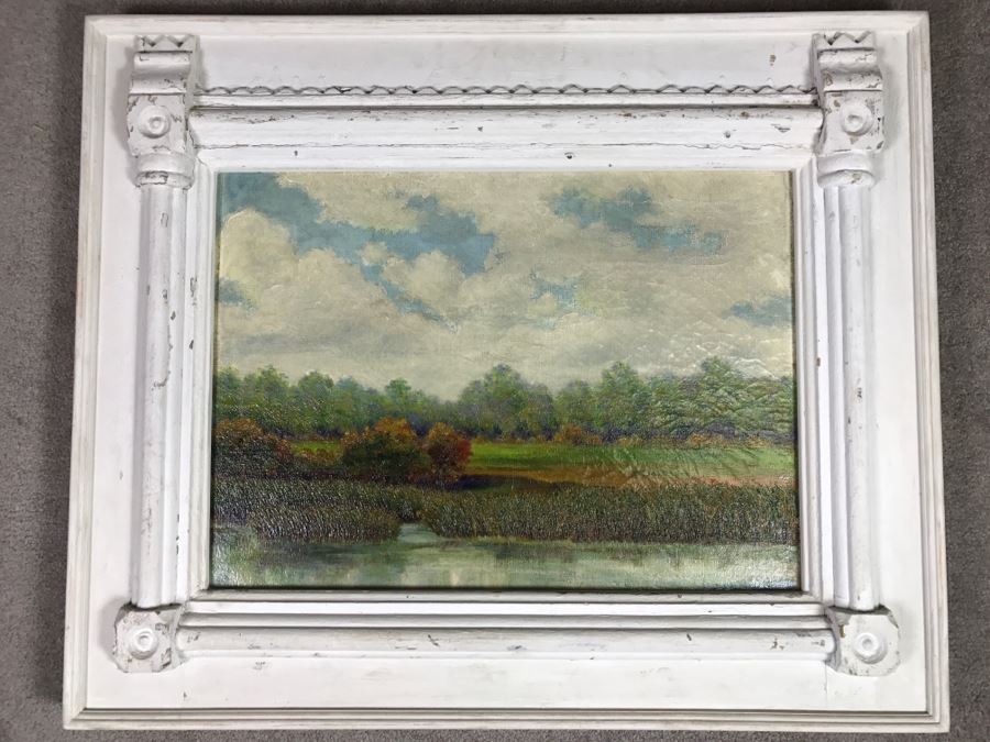 Original Plein Air Oil Painting By E. A. Nyman? 1928 In Stunning Custom Architectural Wooden Shabby Chic Frame 34' x 24'