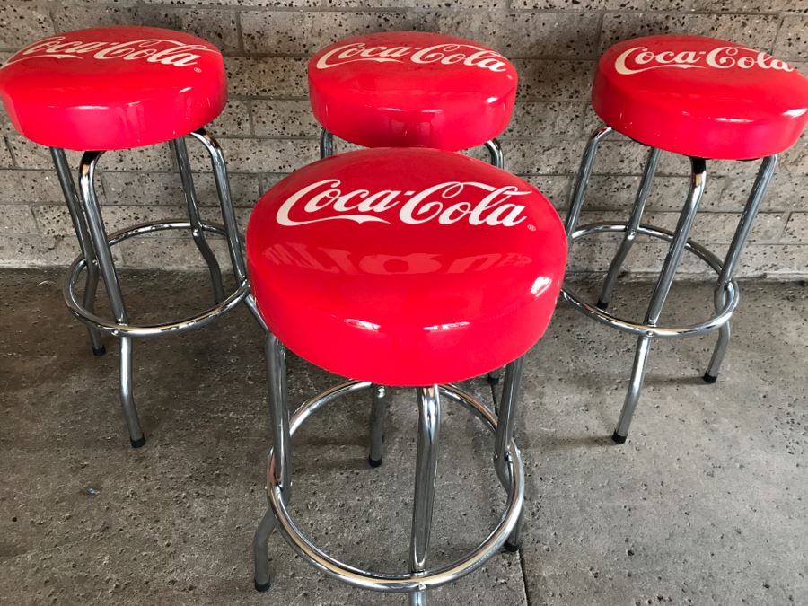 Set Of 4 Official Coca-Cola Red Chrome Bar Stools 15'W x 29.5'H