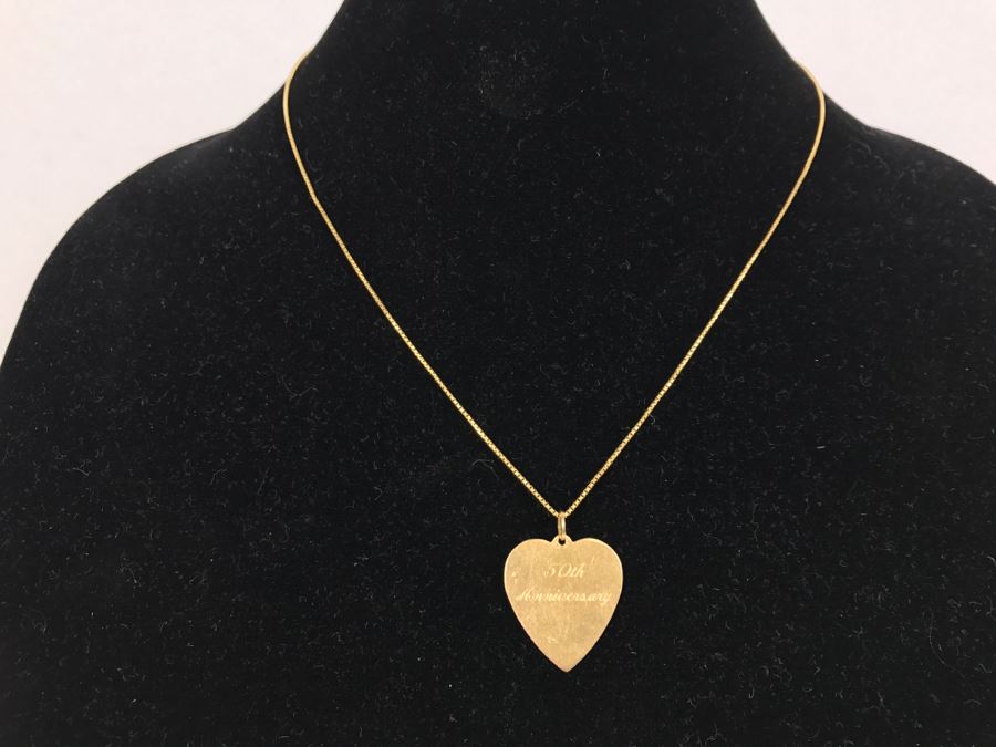 JUST ADDED - 14k Gold Heart-Shaped 50th Anniversary Pendant And 18k Box Chain 5.9g TW