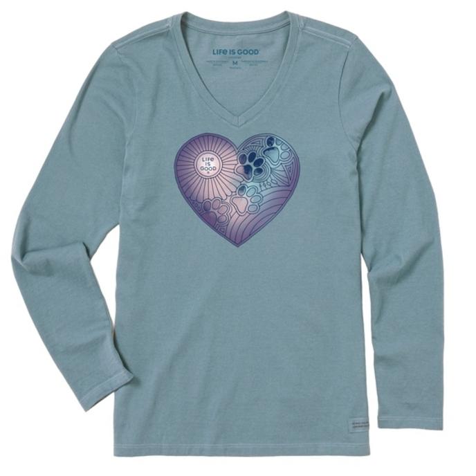 Life Is Good Women's Pawprints Heart Long Sleeve Crusher-LITE Vee