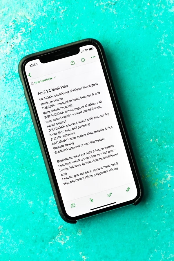 meal plan written up on iphone