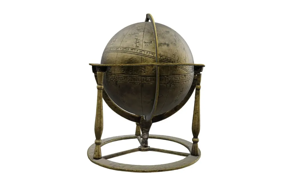 A spherical model of earth in brass, with central horizontal and vertical supports, resting on a round base. The sphere has words engraved on it throughout.