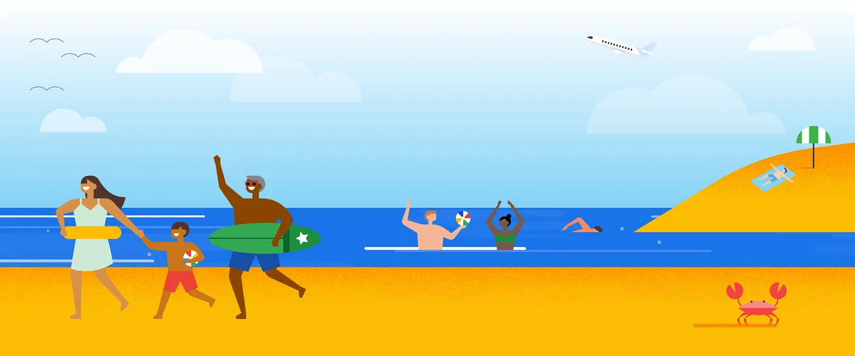 Illustration of people on a sandy beach running. Other people are in the water simming.