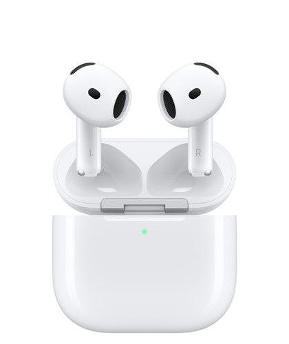 AirPods 4 主動消噪型號和無線充電盒，充電盒以圓角設計、外部有 LED 電源指示燈