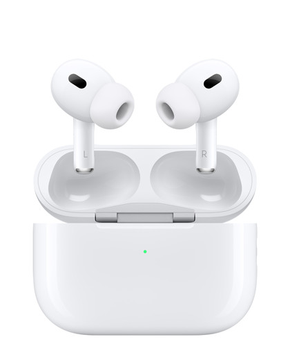 AirPods Pro 2 和 MagSafe 充電盒 (USB-C)，配備矽膠耳塞的耳筒，充電盒外部有 LED 電源指示燈