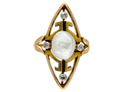 Art Nouveau 18ct Gold, Natural Pearl & Diamond Marquise Ring