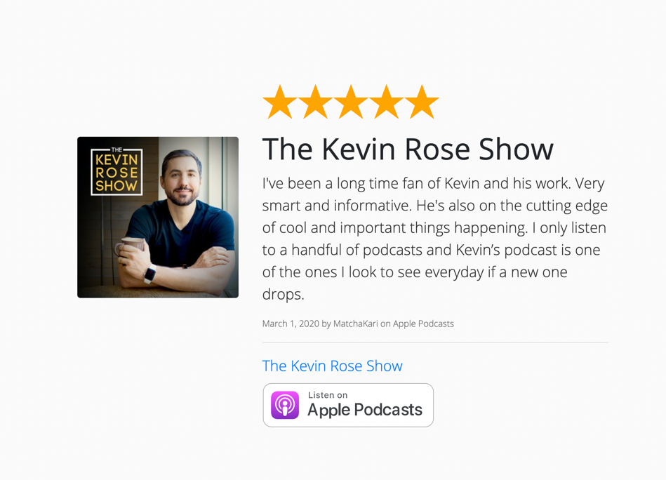 screenshot of the kevin rose show podcast website link on apple podcasts