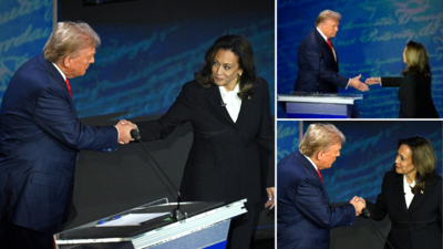 Donald Trump and Kamala Harris shake hands as they meet for first time on debate stage: Watch the 'awkward' moment