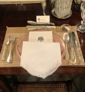 Here is a view of my table setting – so simple, yet so elegant. Each dinner menu is placed on the plate. This one listed Cantitoe Chicken Bisteeya, using poultry raised right here at my farm, Couscous Royale with Chicken, Lamb Chops, Minted Lamb Rissoles, Merguez sausage, Vegetables, and Ras el Hanout and Saffron Broth. Ras el Hanout is a spice mix found in Tunisia, Algeria, and Morocco. The name in Arabic means "head of the shop" and implies a mixture of the best spices the seller has to offer.