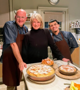 Here's a photo Kevin took of Chef Pierre, myself and Sous Chef Moises with the three Bisteeyas fresh from the oven and ready to cut. The tops are sprinkled with confectioner’s sugar and cinnamon – see my video at the bottom of this blog.