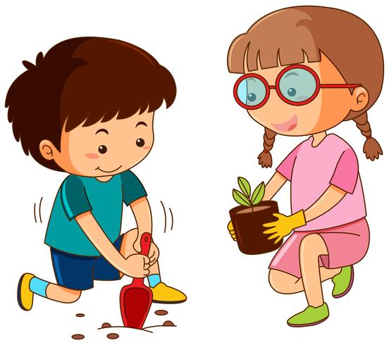 Boy and girl planting in garden vector