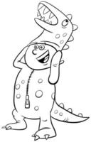 boy in dinosaur costume at Halloween party coloring book page vector