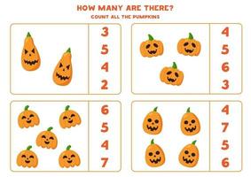 Counting Halloween jack o lantern pumpkin. Math game. vector