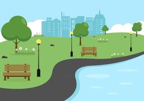 City Park Illustration For People Doing Sport, Relaxing, Playing Or Recreation With Green Tree And Lawn. Scenery Urban Background vector