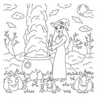 A young witch is brewing a potion in a cauldron. Coloring book page for kids. Cartoon style character. Vector illustration isolated on white background. Halloween theme.