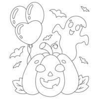 Cute ghost and pumpkin with balloons. Coloring book page for kids. Cartoon style character. Vector illustration isolated on white background. Halloween theme.