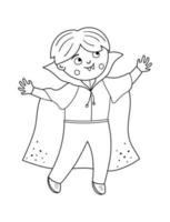 Boy dressed like a vampire. Cute black and white vector Halloween kid character. Child in scary Dracula costume. Funny autumn all saints eve illustration. Samhain dress party coloring page.