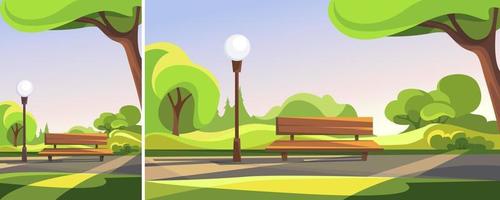 Bench in summer park. Outdoor scene in different formats. vector