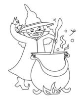 Fairy tale black and white vector witch with cauldron preparing potion. Fantasy line sorceress in tall hat. Fairytale or Halloween character. Cartoon magic icon or coloring page