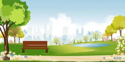 Spring landscape at city park in the morning, Natural public park with flowers blooming in the garden, Peaceful scene of green fields with blurry cityscape building, cloudy and sun on summer vector