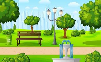 Green city park with bench and streetlight on suburban vector