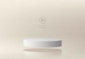 Abstract 3D beige room background, Realistic white cream cylinder pedestal podium floating on air. Pastel minimal wall scene mockup product display. Vector geometric forms. Round stage for showcase.