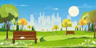 Spring landscape at City park,Natural public park with flowers blooming in the garden,Vector Horizon scene of green fields and Cityscape building with blue sky in sunny day Summer at urban Park vector