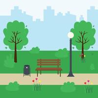 Urban summer park with green trees, benches, walkway, street light and trash can. Vector illustration