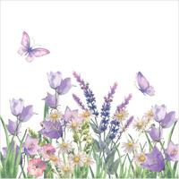 Watercolor vector composition, border with Herbs and wild flowers, leaves, butterflies.