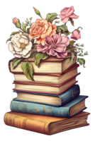 Vintage book stack woth flower. Illustration png