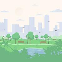 City park on high-rise buildings background. landscape with trees, bushes, lake, birds, lanterns and benches. Colorful vector square illustration in flat cartoon style.