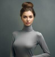 AI generated women's grey turtleneck, photo