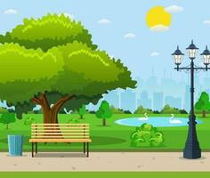 City park bench under a big green tree vector