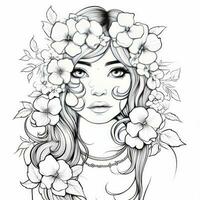 AI generated A girl on a coloring book page with Jasmine flowers. AI Generated photo