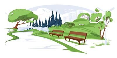 Empty spring or summer city park landscape. A bridge and a river in the middle of a green meadow. Skyscrapers Vector flat illustration