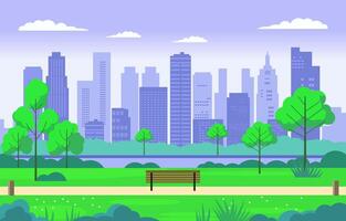 Flat Design Illustration of Bench in City Park with Cityscape in Purple Sky vector