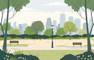 Flat Design Illustration of Bench in City Park with Cityscape in Bright Sky vector