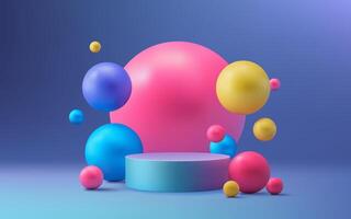 A modern 3D podium with colorful neon balls on a vibrant background. The abstract design showcases products in a realistic and eye catching manner. Perfect for presentations and promotions. Not AI. vector