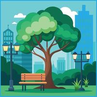 City park bench under a big green tree and lantern with urban landscape vector