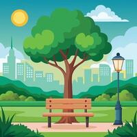 City park bench under a big green tree and lantern with urban landscape vector