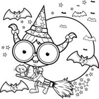 Cute little witch girl flying with her magic broom and her black cat on Halloween night. Child in witch Halloween costume celebrating trick or treat Halloween party. Black and white coloring page. vector