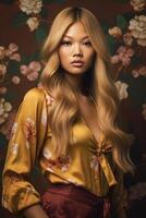 Beautiful young Asian model wearing a floral top poses gracefully against a floral background photo